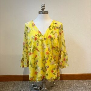 Lauren Ralph Lauren Wrap Blouse Floral Yellow Sheer 3/4 Bell Sleeve Size XL